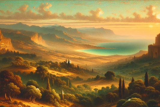 Inspired by early 20th-century Lebanon. Soft tones, painterly or dreamlike style art that depicts fields, valleys, city walls and the sea.