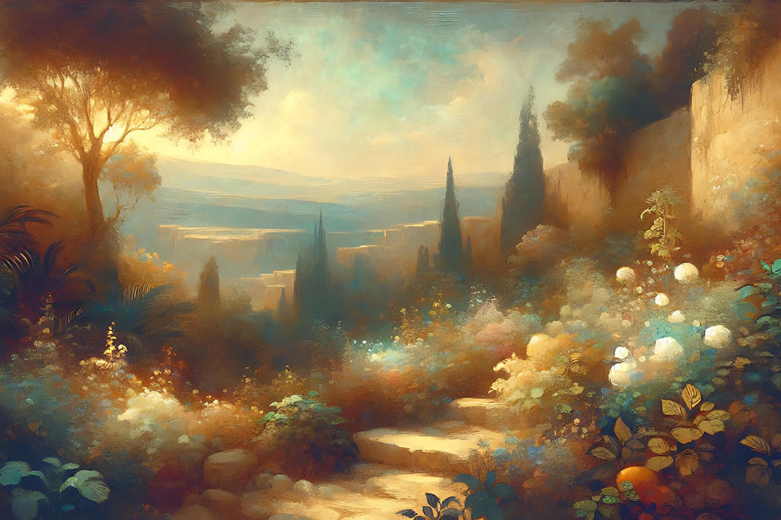 Soft, earthy tones, greens, painterly. Inspired by 20th-century Lebanon. A garden and stone steps outside the city walls.