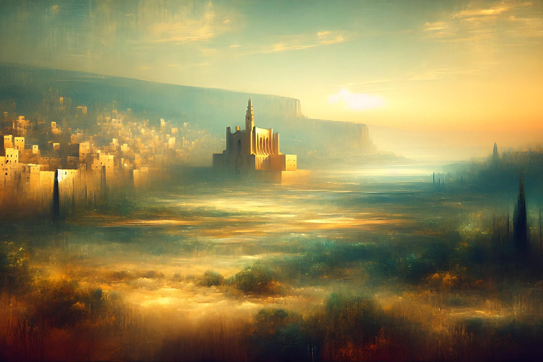 Painterly style, soft colours blue, green, orange and browns. A field in the foreground with the temple and city walls in the distance.  Mountains in the background.