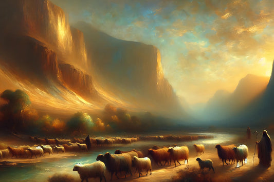 Soft colours blues and orange and browns. Shepards and their sheep in the foreground at a river, mountains at both sides.