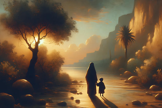 Woman and small child holding hands while they walk towards the setting sun. Trees and mountain surround them.