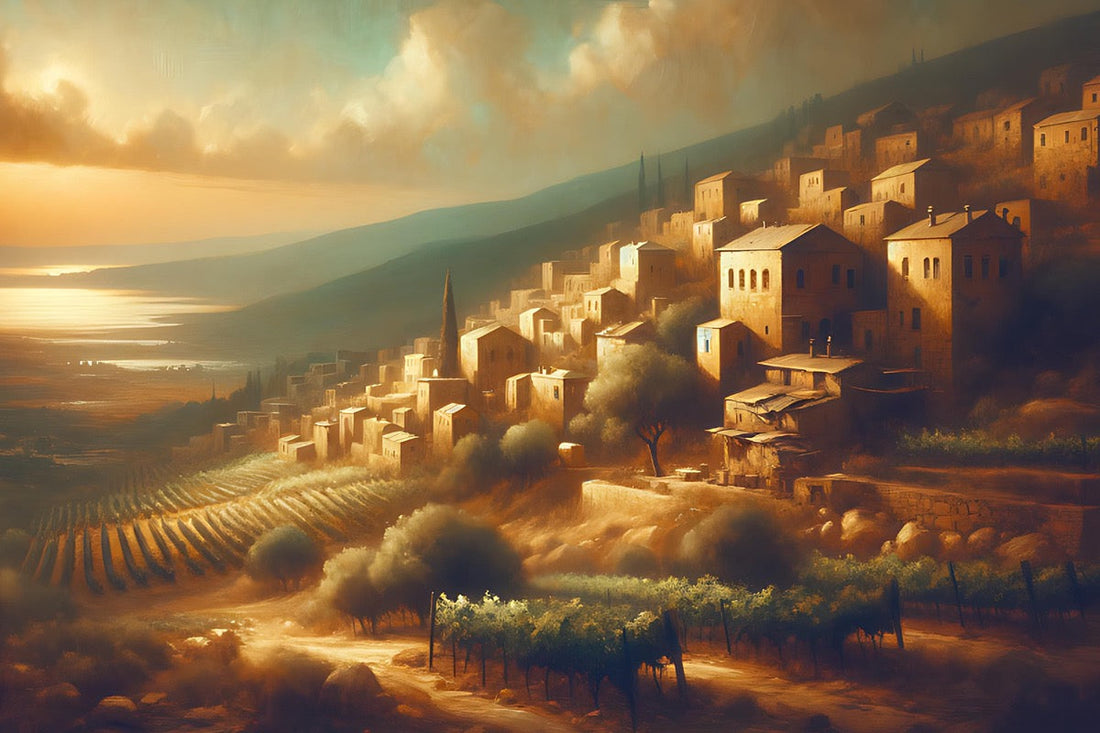 Soft, earthy tones, greens and blue. Inspired by 20th-century Lebanon. Vineyards and fields with a city on the side.  The sea, mountains and sunset in the distance. 