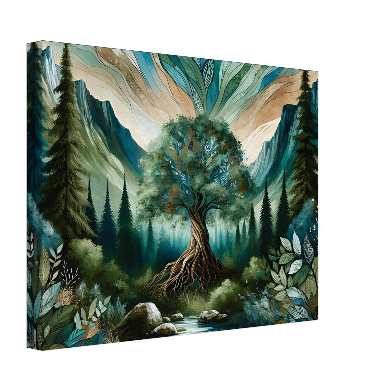 Majestic tree with glowing roots in a forested mountain valley, symbolizing deep earth connection and natural harmony.