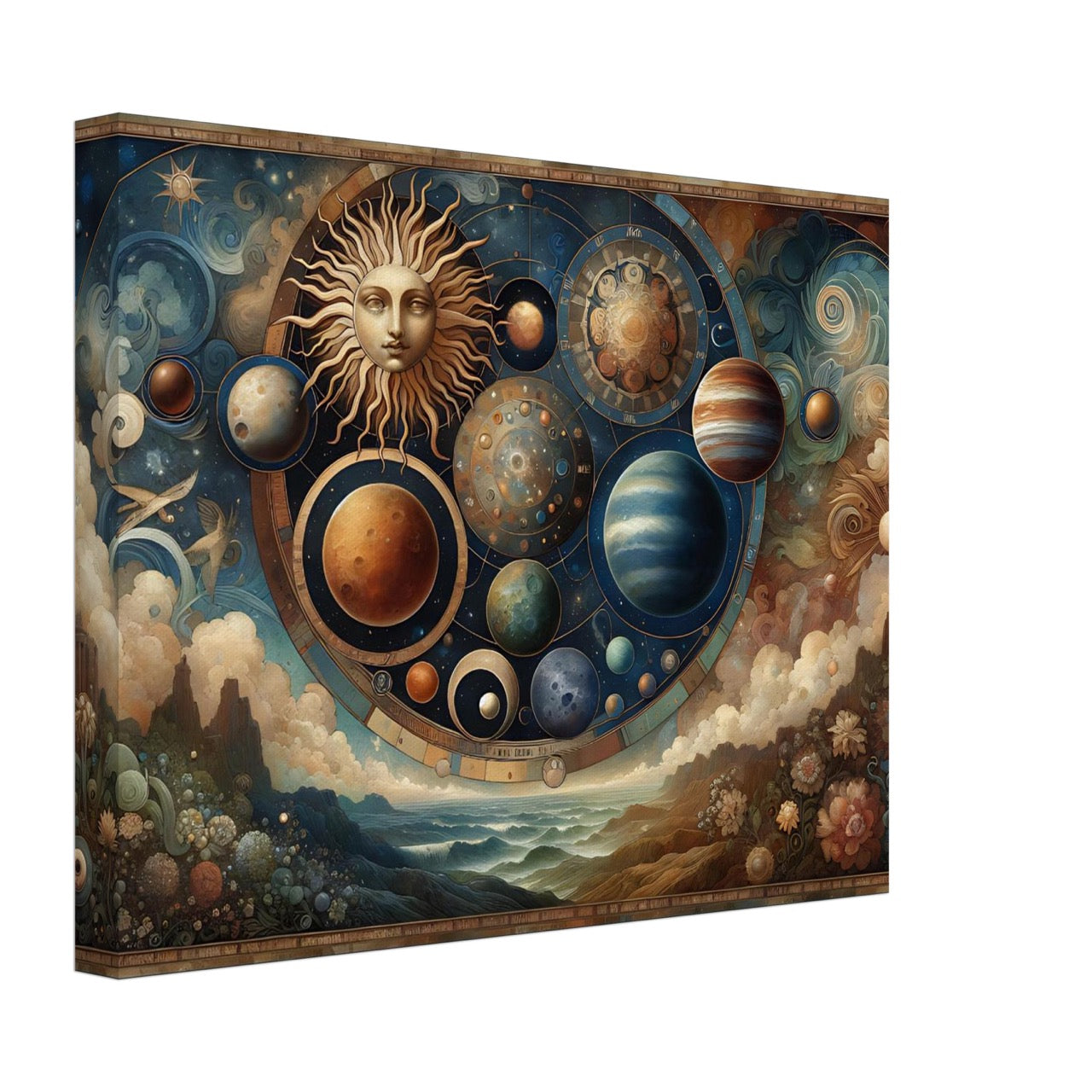 Gathering the Cosmos – celestial wall art with sun, planets, and a dreamy landscape