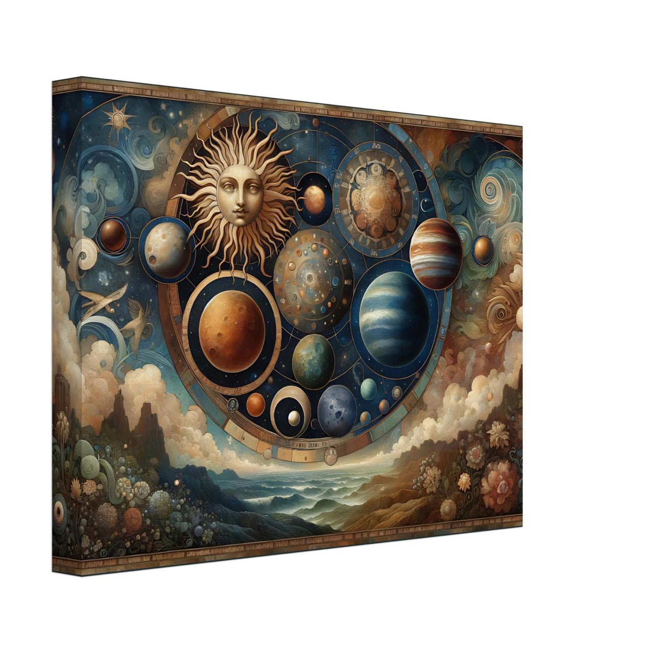 Gathering the Cosmos – celestial wall art with sun, planets, and a dreamy landscape