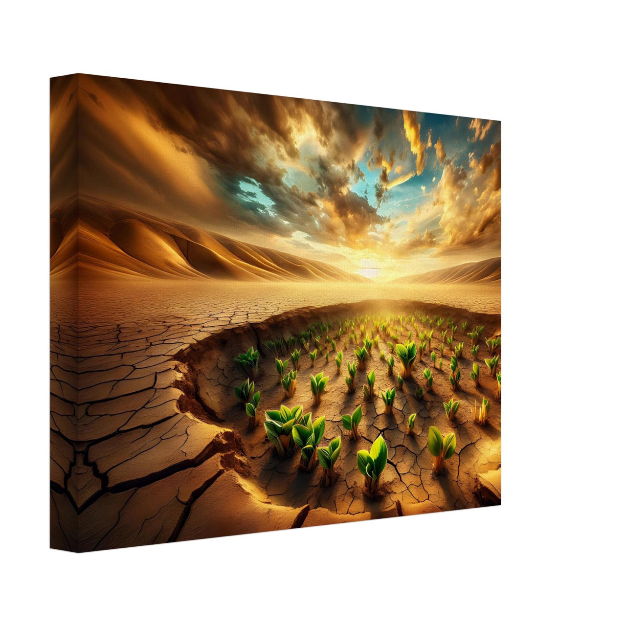 A canvas print featuring a nature-inspired AI generated image of small plants growing out of cracked desert ground, with a dramatic sky.
