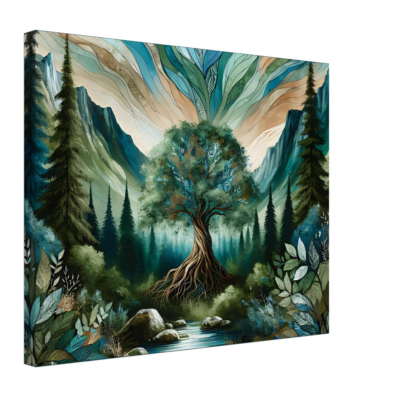Majestic tree with glowing roots in a forested mountain valley, symbolizing deep earth connection and natural harmony.
