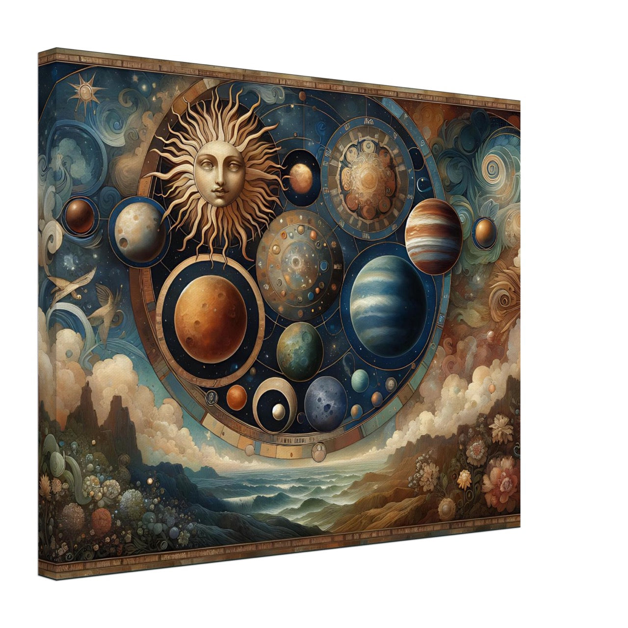 Gathering the Cosmos – celestial wall art with sun, planets, and a dreamy landscape