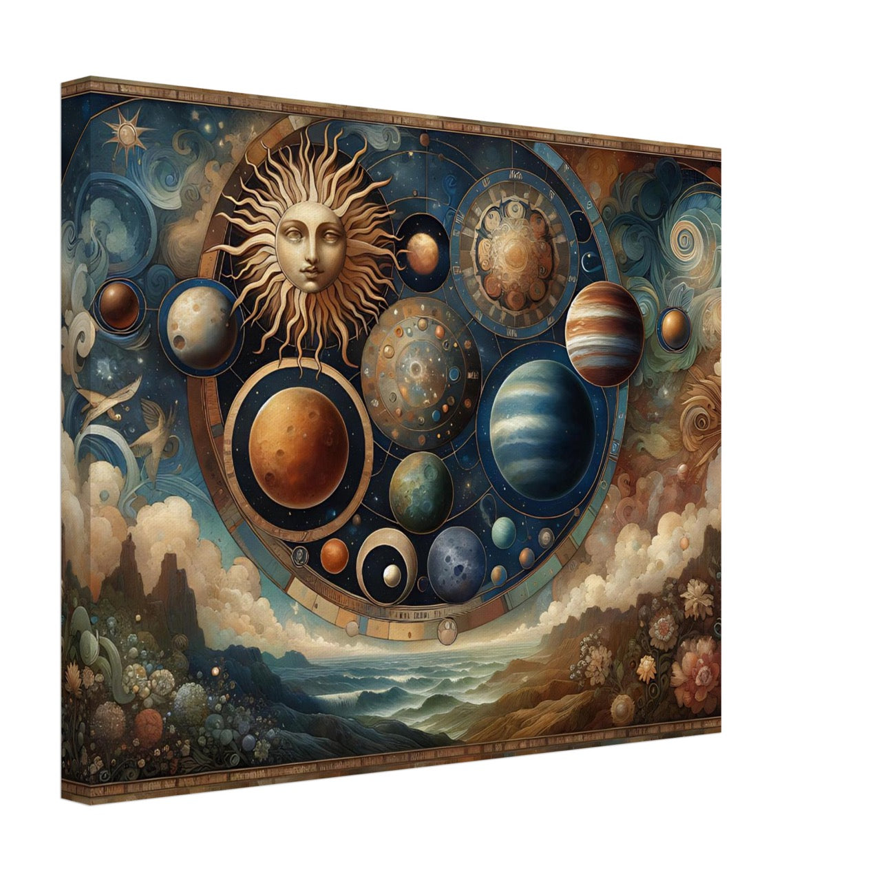 Gathering the Cosmos – celestial wall art with sun, planets, and a dreamy landscape