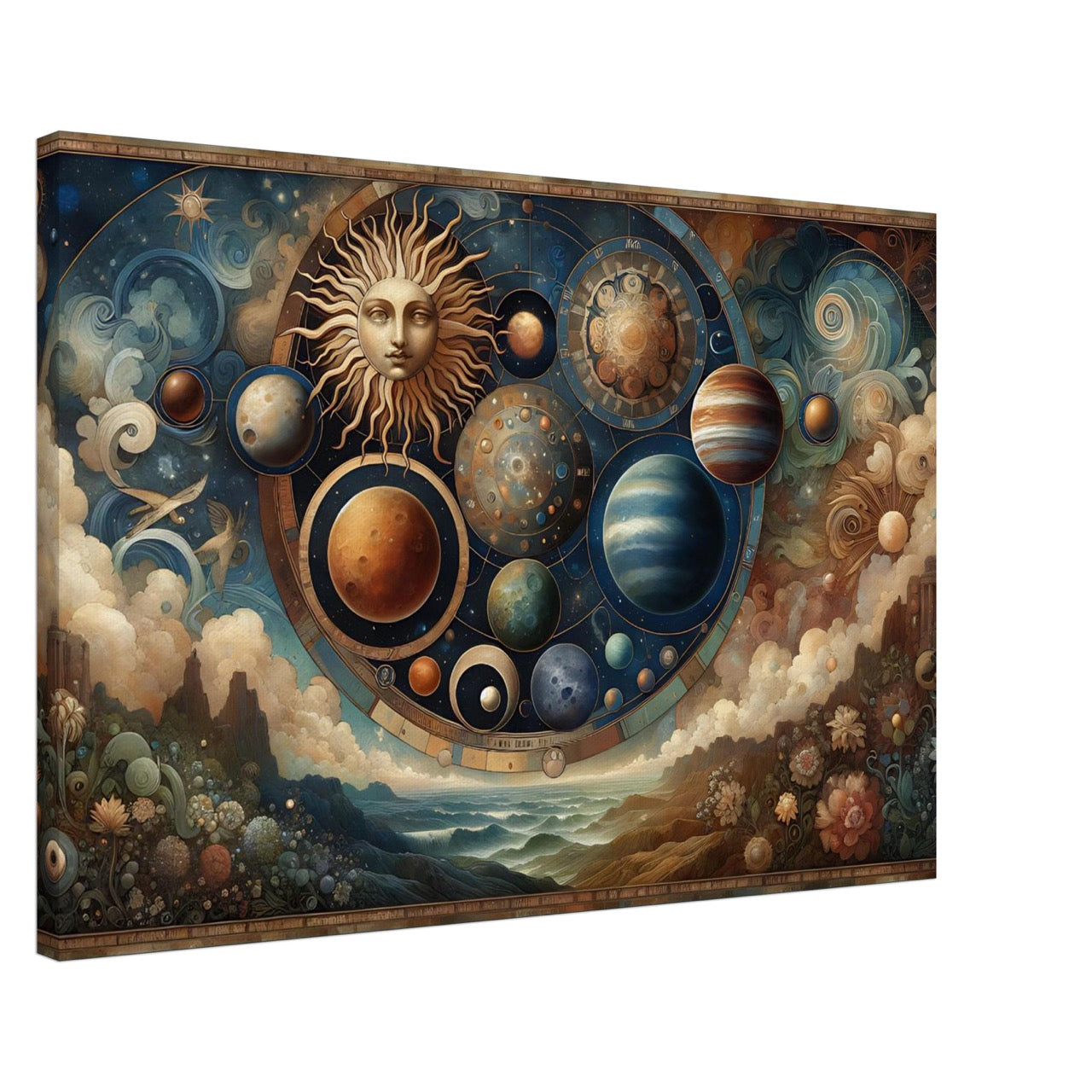 Gathering the Cosmos – celestial wall art with sun, planets, and a dreamy landscape