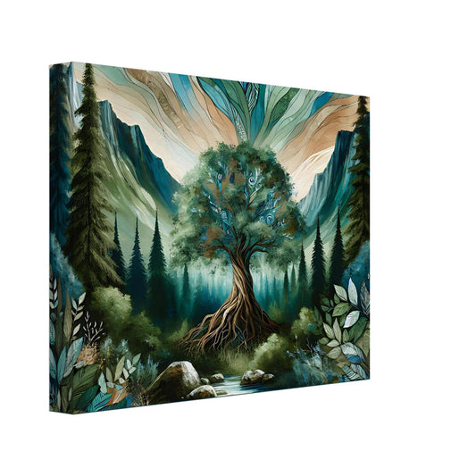 Majestic tree with glowing roots in a forested mountain valley, symbolizing deep earth connection and natural harmony.