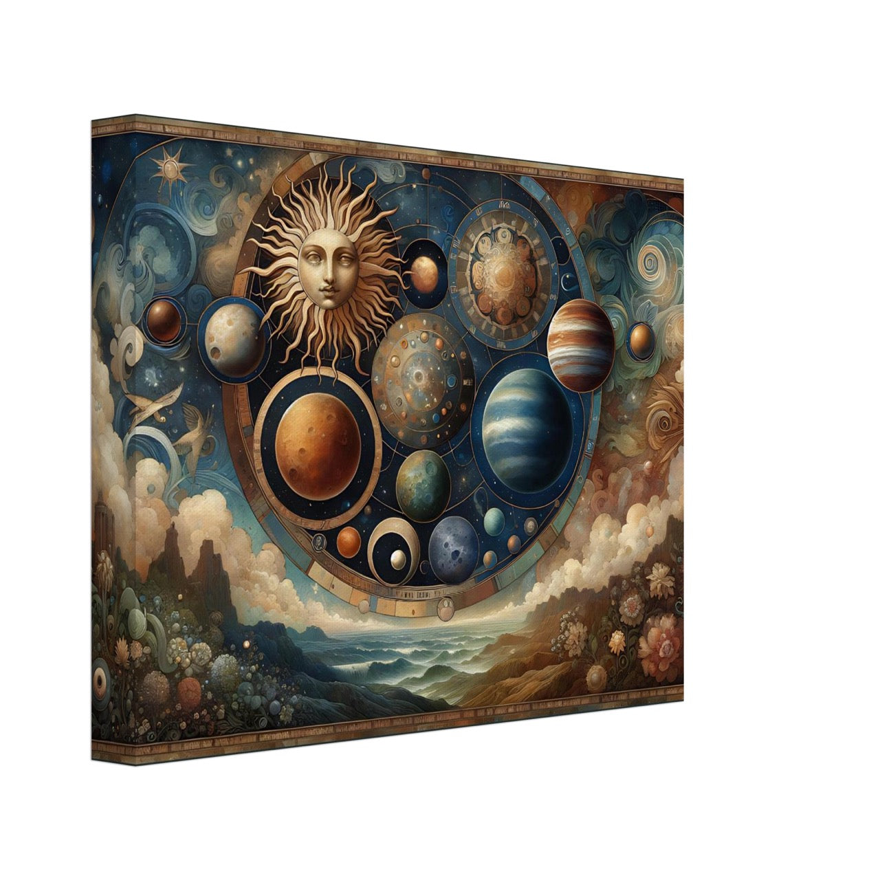 Gathering the Cosmos – celestial wall art with sun, planets, and a dreamy landscape