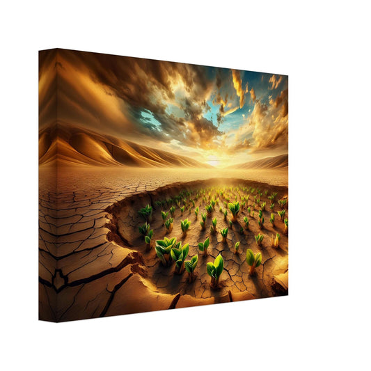 A canvas print featuring a nature-inspired AI generated image of small plants growing out of cracked desert ground, with a dramatic sky.