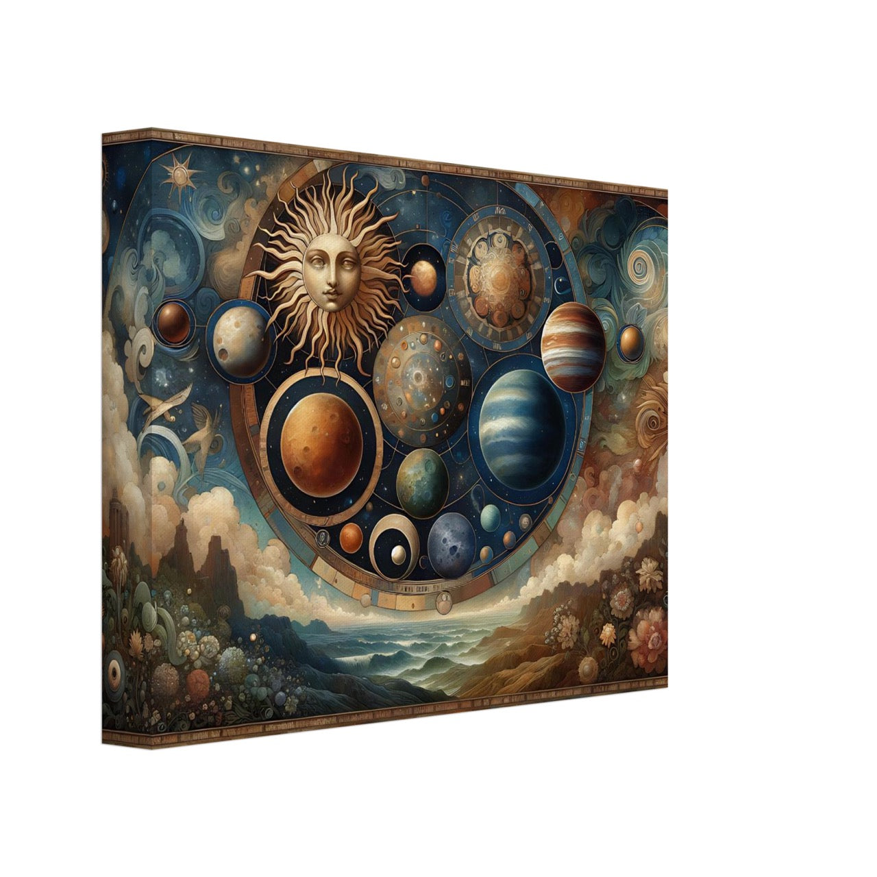 Gathering the Cosmos – celestial wall art with sun, planets, and a dreamy landscape