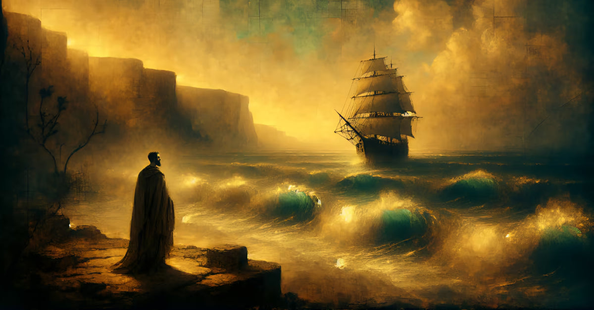 Silhouetted figure watching a ship approach through golden mist, symbolizing the journey and transformation.