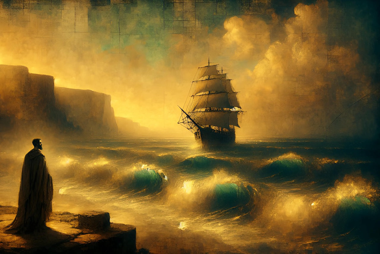 A cloaked figure watches a sailing ship approaching land through the golden mist, symbolizing the journey and transformation, in a larger format for homepage.