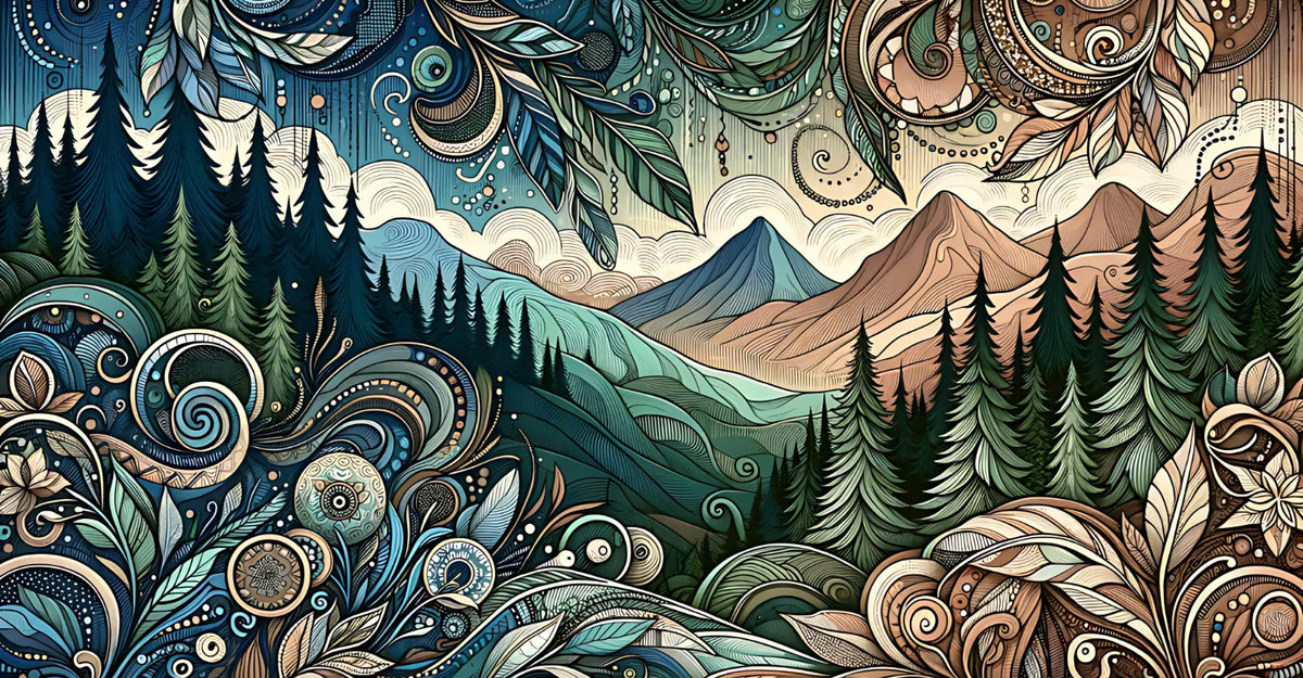 Paisley patterns woven through mountains and pines — order within complexity