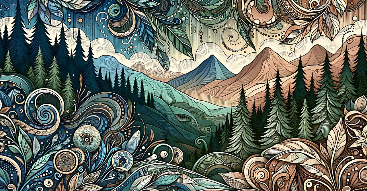 Colourful paisley design woven through mountain landscape with trees and clouds, representing chaos in order.