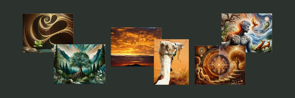 Six canvas prints arranged on dark background - a sneak peak of the collection